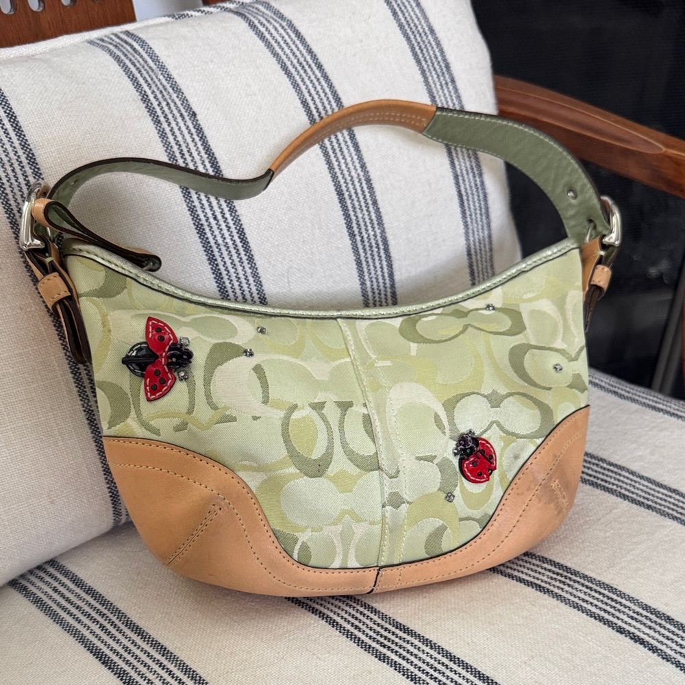 Coach Green and Tan Shoulder Bag with Red Accents